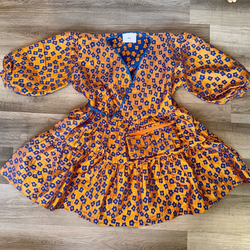 KkCo Koi Pond Utility Wrap Dress Asian Floral Flare Bubble Puff Sleeve - Picture 8 of 10